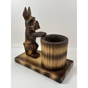 Vintage Wooden Scottish Terrier Pencil Holder‎ Solid Wood Carved Scottie Scotty